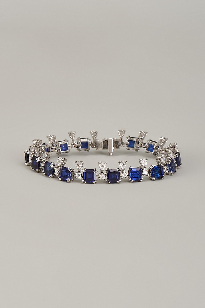 White Finish Blue Pear Cut Crystal & White Swarovski Zirconia Bracelet In Sterling Silver by Diosa Paris Jewellery at Pernia's Pop Up Shop