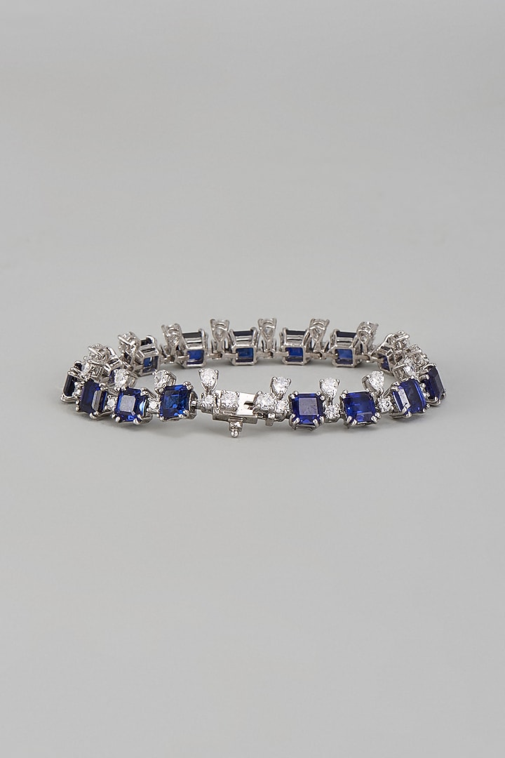 White Finish Blue Pear Cut Crystal & White Swarovski Zirconia Bracelet In Sterling Silver by Diosa Paris Jewellery at Pernia's Pop Up Shop