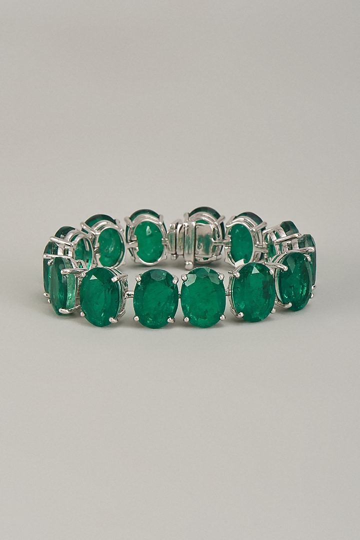 White Finish Oval Cut Emerald Synthetic Stone Bracelet In Sterling Silver by Diosa Paris Jewellery at Pernia's Pop Up Shop