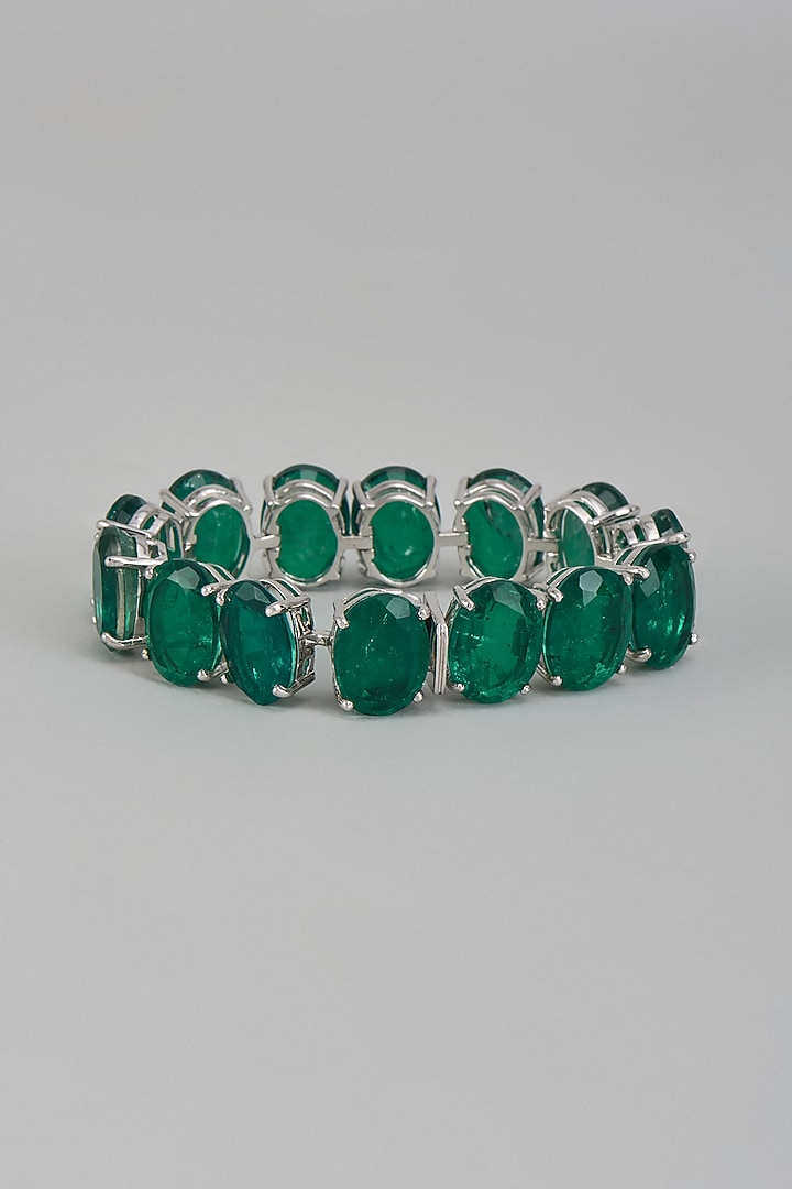 White Finish Oval Cut Emerald Synthetic Stone Bracelet In Sterling Silver by Diosa Paris Jewellery at Pernia's Pop Up Shop