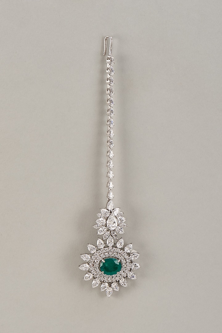 White Finish Swarovski Zirconia & Deep Green Drop Maang Tikka In Sterling Silver by Diosa Paris Jewellery at Pernia's Pop Up Shop