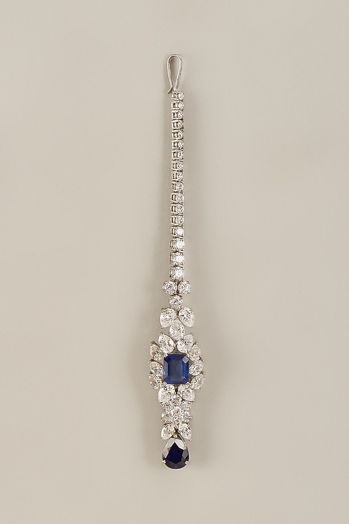 White Finish Oval Swarovski Zirconia & Sapphire Synthetic Stone Maang Tikka In Sterling Silver by Diosa Paris Jewellery at Pernia's Pop Up Shop