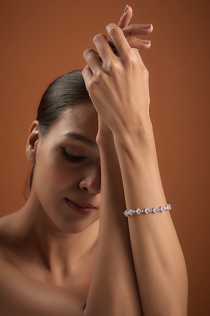 White Finish Swarovski Zirconia Cuff Bracelet In Sterling Silver by Diosa Paris Jewellery