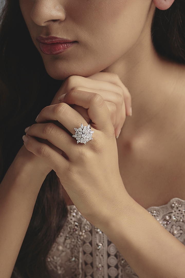 White Finish Baguette Swarovski Zirconia Ring In Sterling Silver by Diosa Paris Jewellery at Pernia's Pop Up Shop