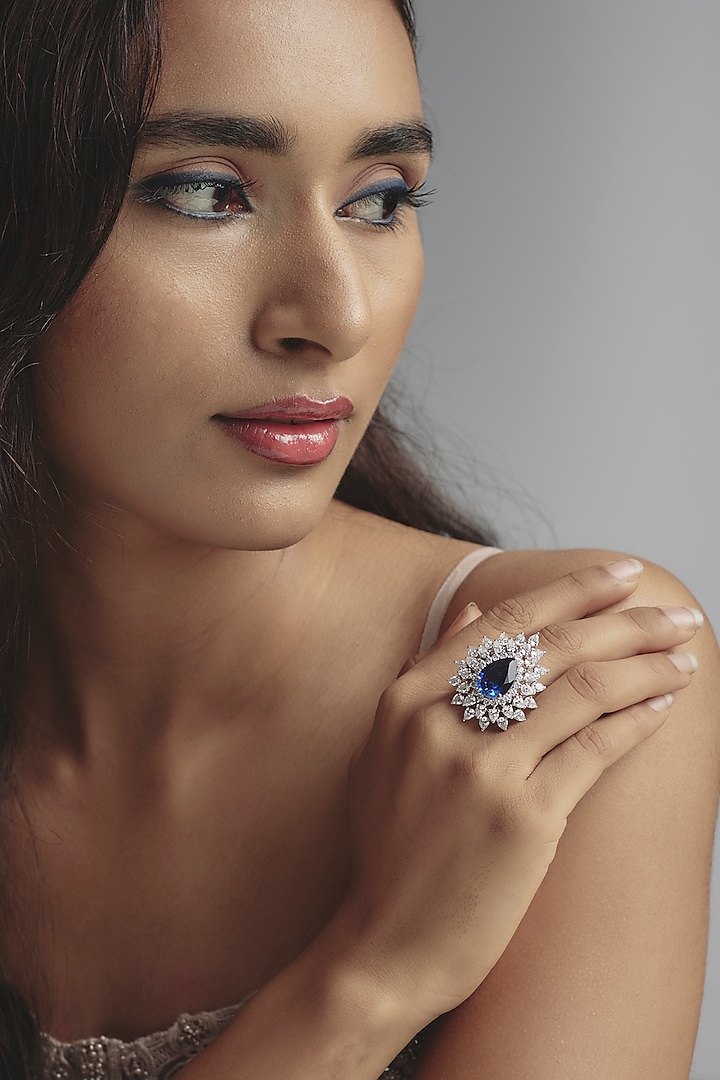 White Finish Swarovski Zirconia & Sapphire Stone Ring In Sterling Silver by Diosa Paris Jewellery at Pernia's Pop Up Shop