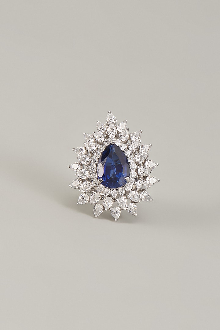 White Finish Swarovski Zirconia & Sapphire Stone Ring In Sterling Silver by Diosa Paris Jewellery at Pernia's Pop Up Shop