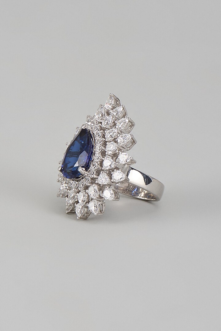 White Finish Swarovski Zirconia & Sapphire Stone Ring In Sterling Silver by Diosa Paris Jewellery at Pernia's Pop Up Shop
