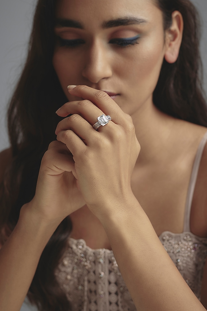 White Finish Swarovski Zirconia Ring In Sterling Silver by Diosa Paris Jewellery at Pernia's Pop Up Shop