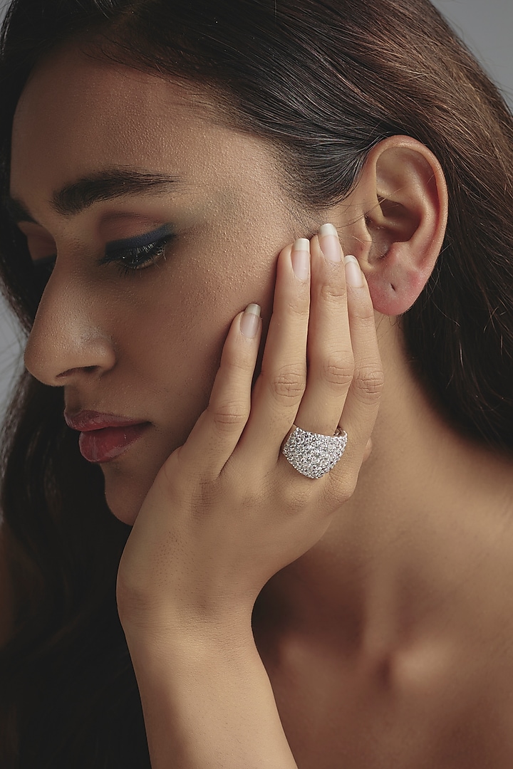 White Finish Swarovski Zirconia Round Shaped Ring In Sterling Silver by Diosa Paris Jewellery at Pernia's Pop Up Shop