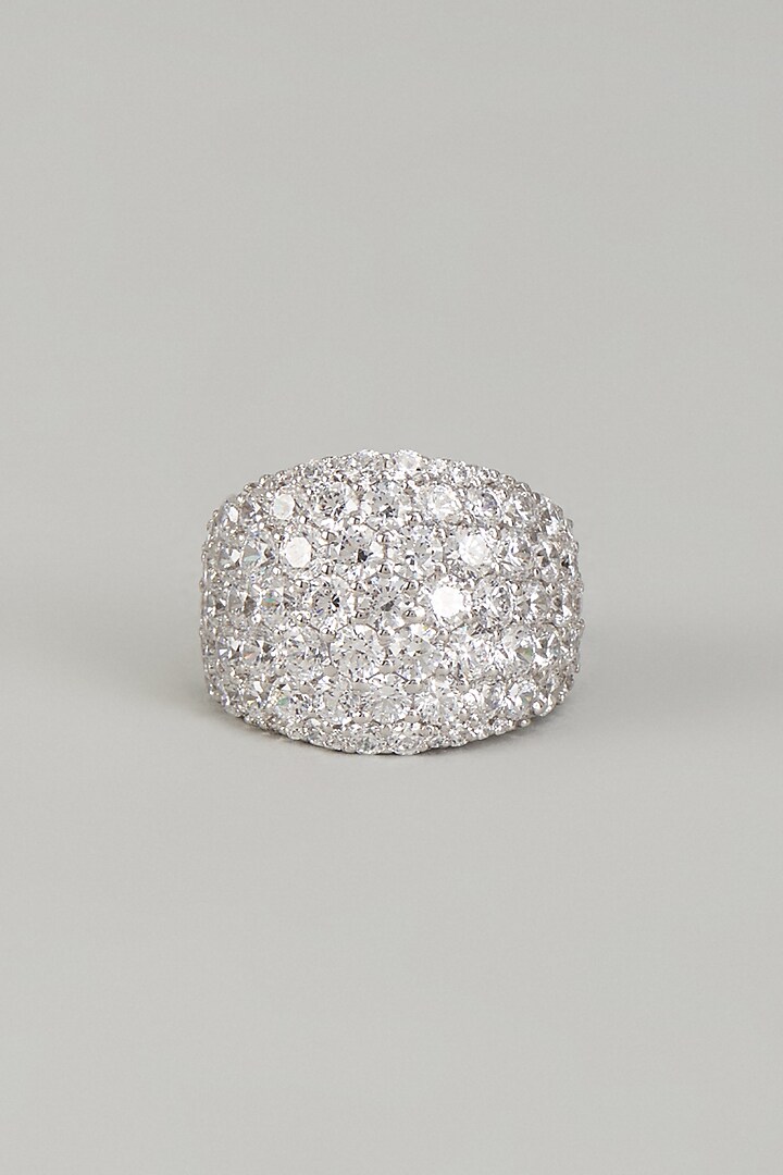 White Finish Swarovski Zirconia Round Shaped Ring In Sterling Silver by Diosa Paris Jewellery at Pernia's Pop Up Shop