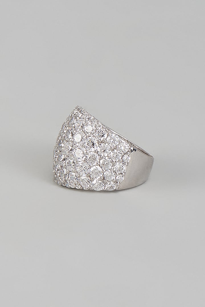 White Finish Swarovski Zirconia Round Shaped Ring In Sterling Silver by Diosa Paris Jewellery at Pernia's Pop Up Shop