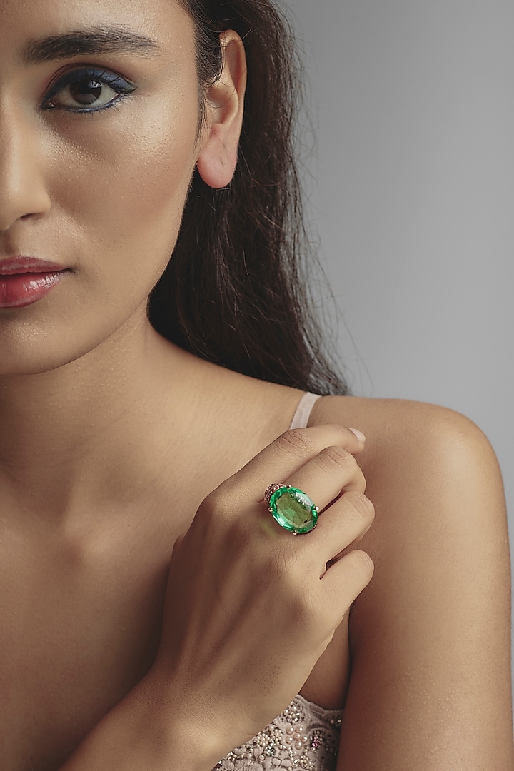 White Finish Swarovski Zirconia & Emerald Ring In Sterling Silver by Diosa Paris Jewellery at Pernia's Pop Up Shop