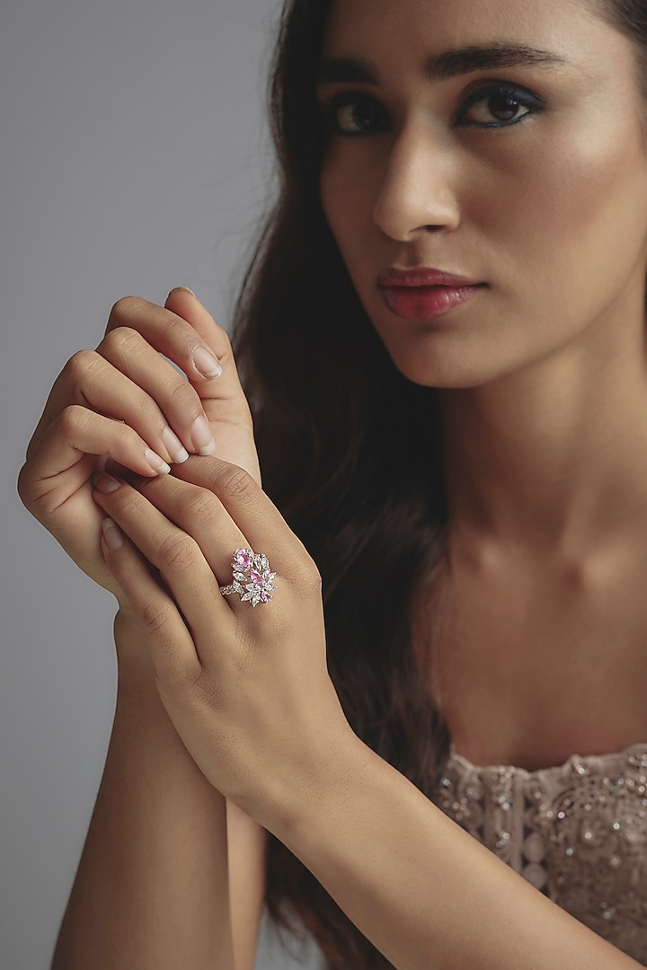 White Finish Pink Swarovski Zirconia Ring In Sterling Silver by Diosa Paris Jewellery at Pernia's Pop Up Shop