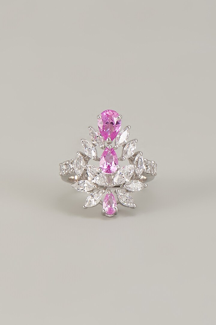 White Finish Pink Swarovski Zirconia Ring In Sterling Silver by Diosa Paris Jewellery at Pernia's Pop Up Shop