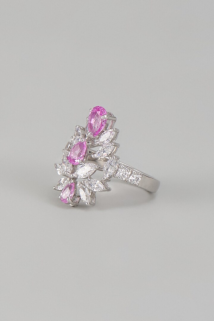White Finish Pink Swarovski Zirconia Ring In Sterling Silver by Diosa Paris Jewellery at Pernia's Pop Up Shop
