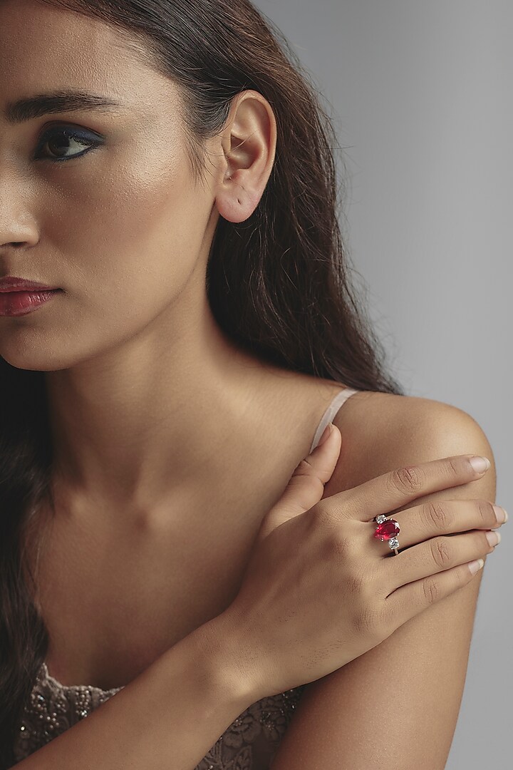 White Finish Ruby & Swarovski Zirconia Ring In Sterling Silver by Diosa Paris Jewellery at Pernia's Pop Up Shop