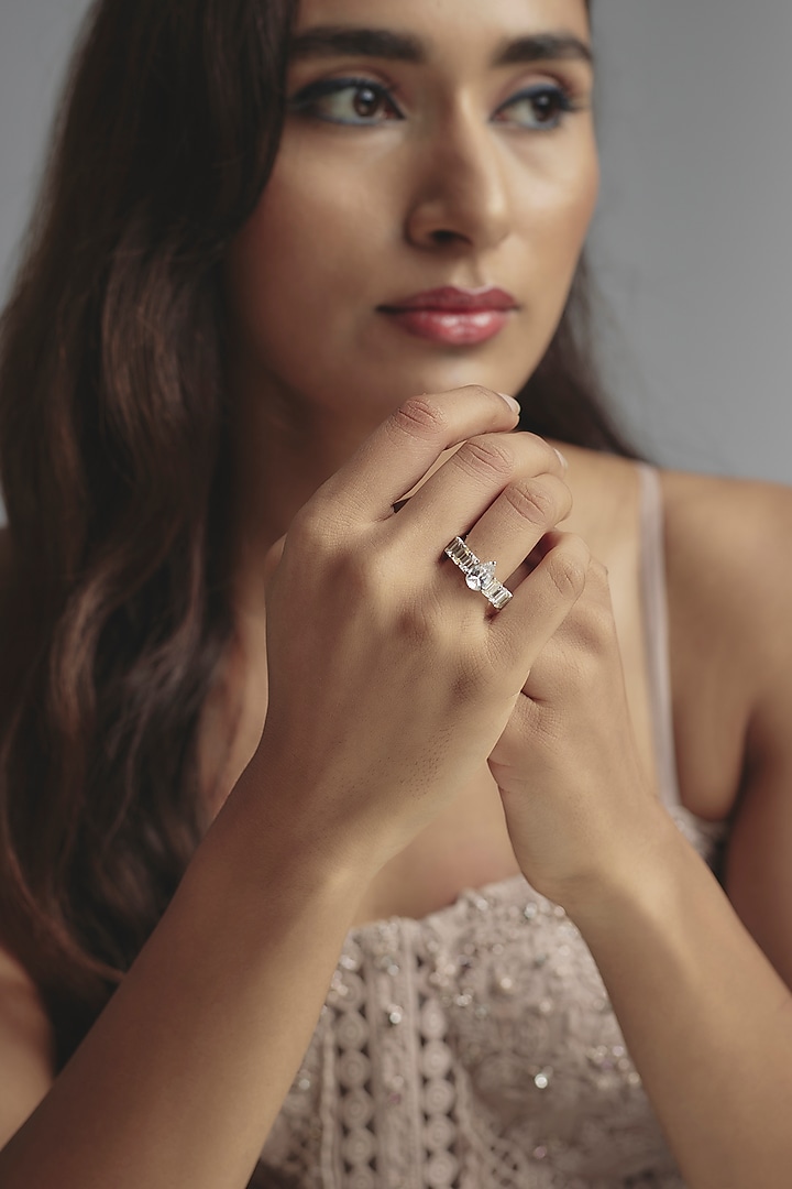 White Finish Swarovski Zirconia Ring In Sterling Silver by Diosa Paris Jewellery at Pernia's Pop Up Shop