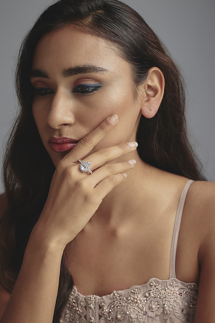 White Finish Swarovski Zirconia Ring In Sterling Silver by Diosa Paris Jewellery at Pernia's Pop Up Shop