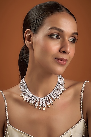 White Finish Yellow Stone & Swarovski Zirconia Necklace In Sterling Silver by Diosa Paris Jewellery