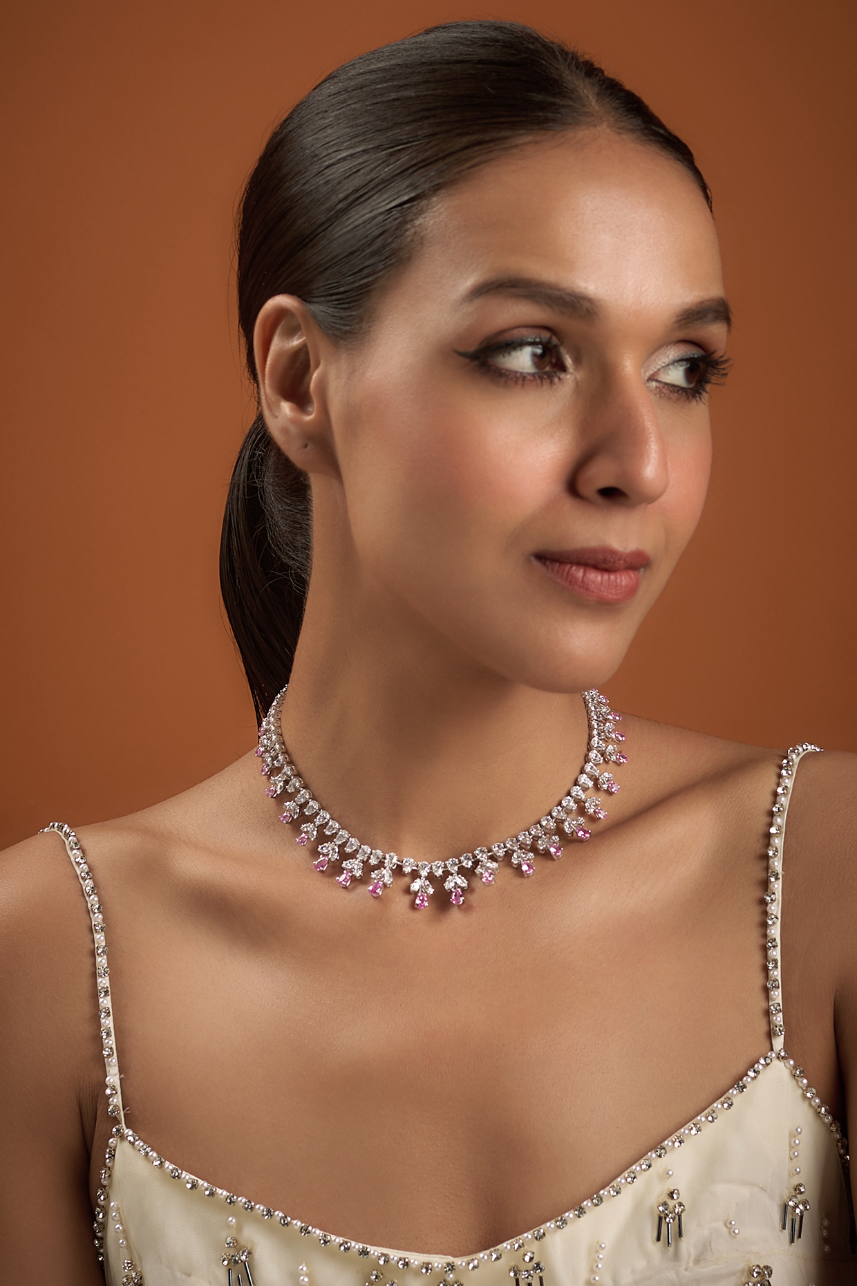 White Finish Pink & White Swarovski Zirconia Necklace In Sterling Silver by Diosa Paris Jewellery at Pernia's Pop Up Shop