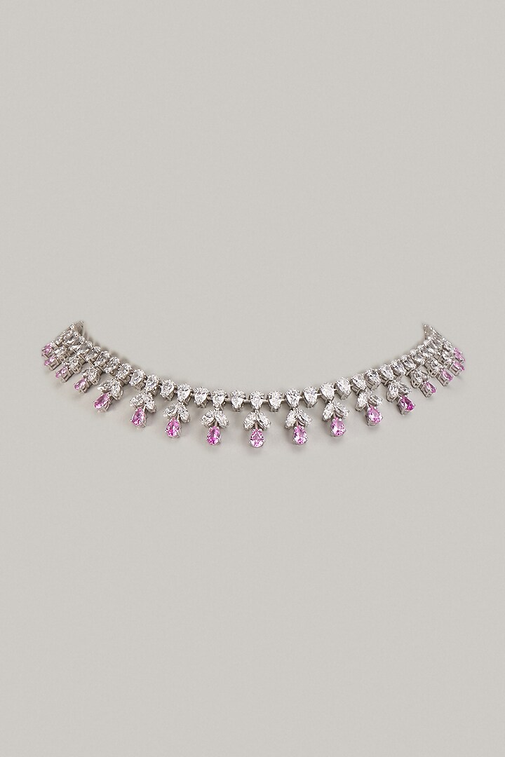 White Finish Pink & White Swarovski Zirconia Necklace In Sterling Silver by Diosa Paris Jewellery at Pernia's Pop Up Shop
