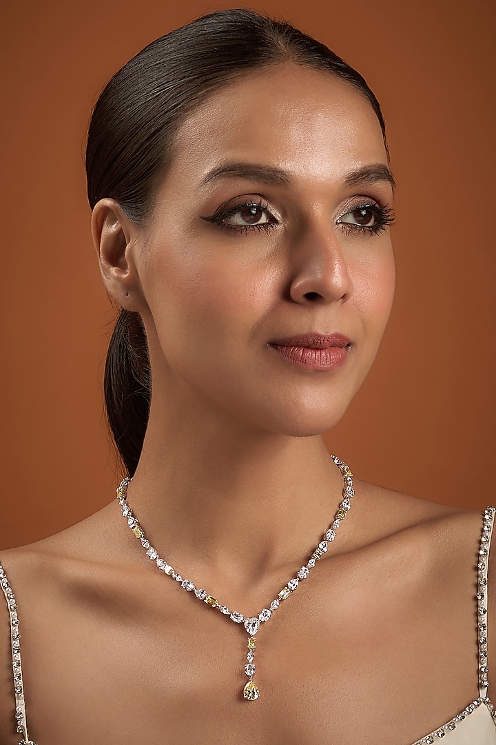 White Finish Yellow & White Swarovski Zirconia Necklace In Sterling Silver by Diosa Paris Jewellery at Pernia's Pop Up Shop