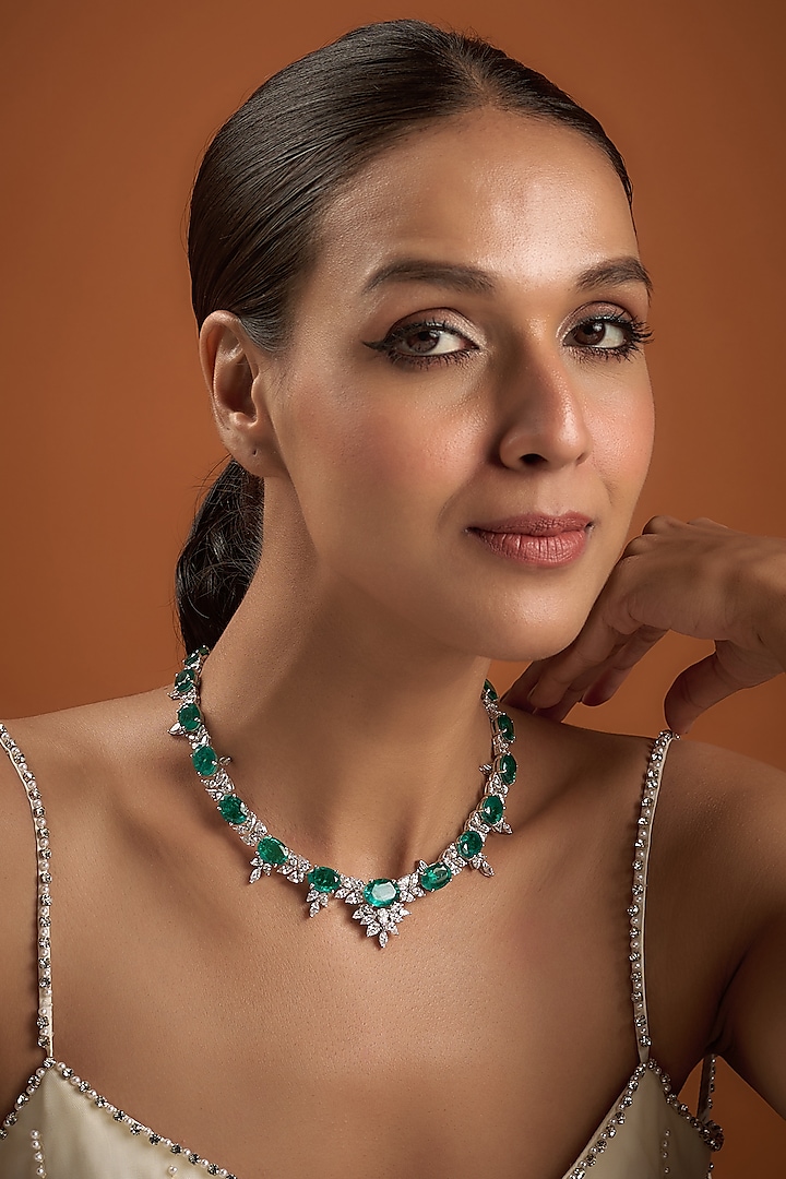 White Finish Emerald & Swarovski Zirconia Choker Necklace In Sterling Silver by Diosa Paris Jewellery