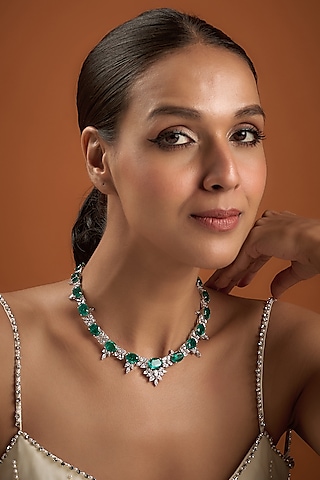 White Finish Emerald & Swarovski Zirconia Choker Necklace In Sterling Silver by Diosa Paris Jewellery