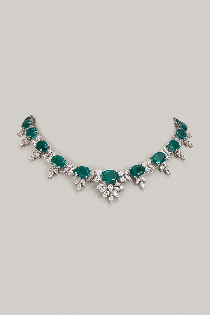 White Finish Emerald & Swarovski Zirconia Choker Necklace In Sterling Silver by Diosa Paris Jewellery at Pernia's Pop Up Shop