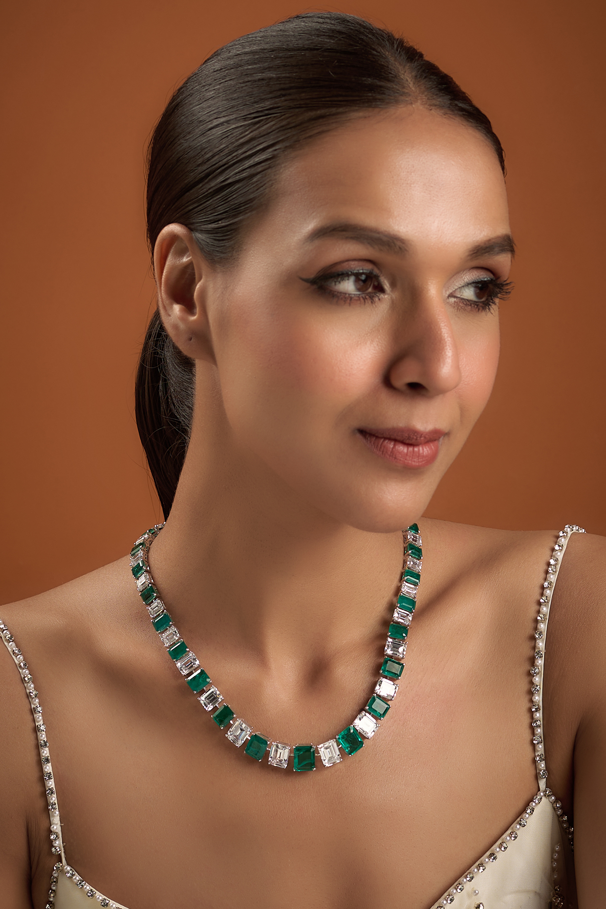 White Finish Emerald & Swarovski Zirconia Necklace In Sterling Silver by Diosa Paris Jewellery at Pernia's Pop Up Shop
