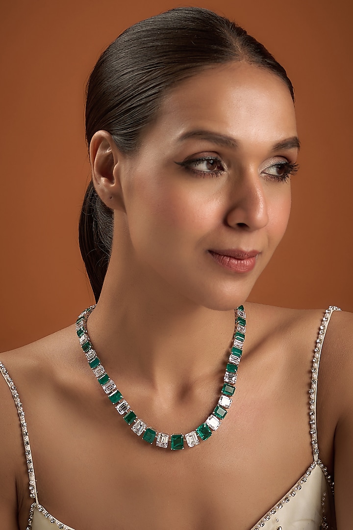 White Finish Emerald & Swarovski Zirconia Necklace In Sterling Silver by Diosa Paris Jewellery