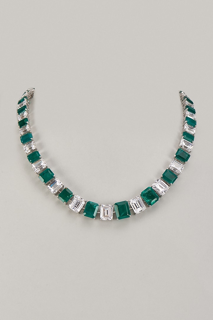 White Finish Emerald & Swarovski Zirconia Necklace In Sterling Silver by Diosa Paris Jewellery at Pernia's Pop Up Shop