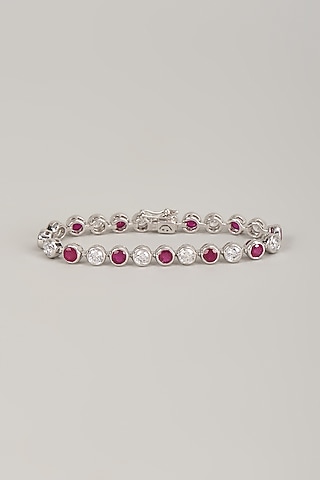Silver Finish Zircon & Red Stone Bracelet In Sterling Silver by Diosa Paris Jewellery