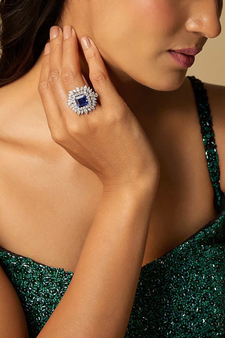 White Finish Blue & White Stone Ring In Sterling Silver by Diosa Paris Jewellery at Pernia's Pop Up Shop