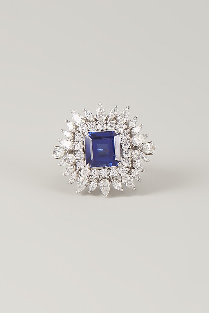 White Finish Blue & White Stone Ring In Sterling Silver by Diosa Paris Jewellery at Pernia's Pop Up Shop