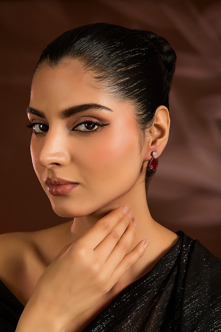 White Finish Red & White Stone Dangler Earrings In Sterling Silver by Diosa Paris Jewellery at Pernia's Pop Up Shop