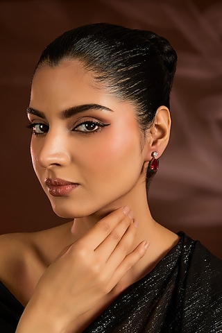 White Finish Red & White Stone Dangler Earrings In Sterling Silver by Diosa Paris Jewellery