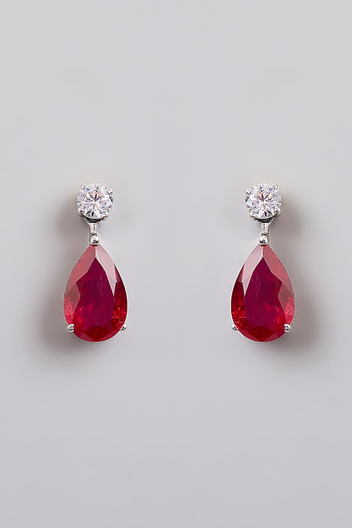 White Finish Red & White Stone Dangler Earrings In Sterling Silver by Diosa Paris Jewellery at Pernia's Pop Up Shop