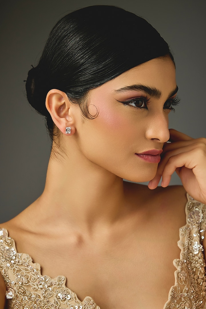 White Finish White Stone Stud Earrings In Sterling Silver by Diosa Paris Jewellery at Pernia's Pop Up Shop