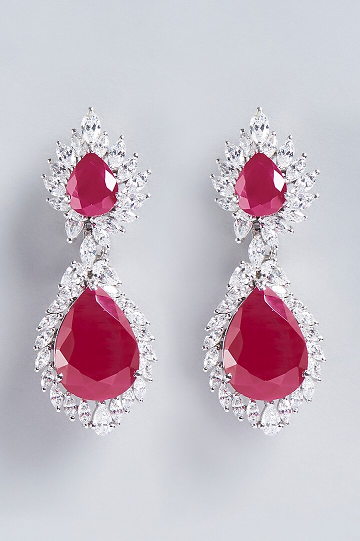 White Finish Red Swarovski Zirconia Earrings In Sterling Silver by Diosa Paris Jewellery at Pernia's Pop Up Shop