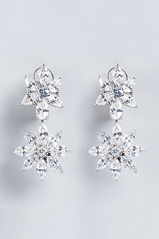 White Finish Floral Swarovski Zirconia Earrings In Sterling Silver by Diosa Paris Jewellery