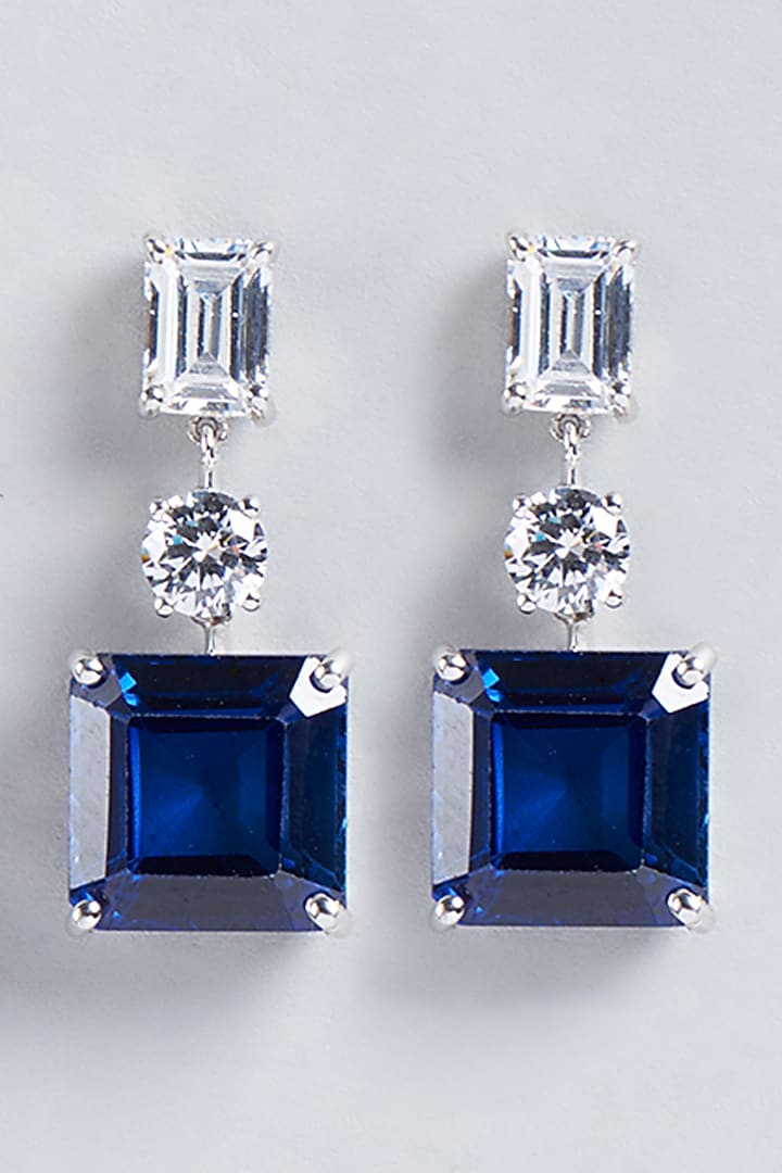 White Finish Blue Swarovski Zirconia Earrings In Sterling Silver by Diosa Paris Jewellery at Pernia's Pop Up Shop