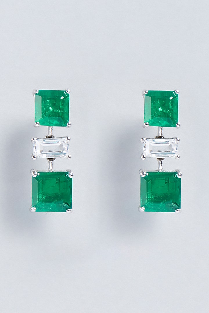 White Finish Green & White Swarovski Zirconia Earrings In Sterling Silver by Diosa Paris Jewellery at Pernia's Pop Up Shop