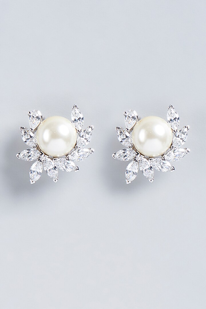 White Finish Synthetic Pearl & Swarovski Zirconia Earrings In Sterling Silver by Diosa Paris Jewellery at Pernia's Pop Up Shop