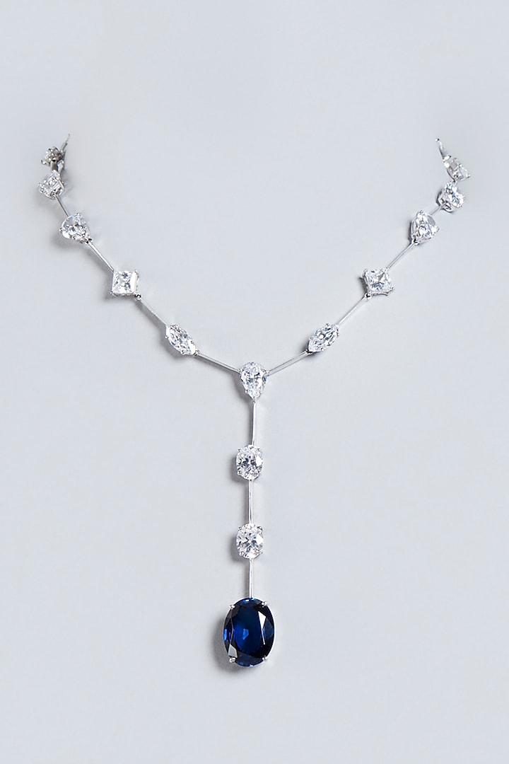 White Finish Swarovski & Blue Synthetic Stones Necklace In Sterling Silver by Diosa Paris Jewellery at Pernia's Pop Up Shop
