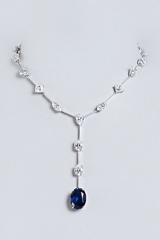 White Finish Swarovski & Blue Synthetic Stones Necklace In Sterling Silver by Diosa Paris Jewellery