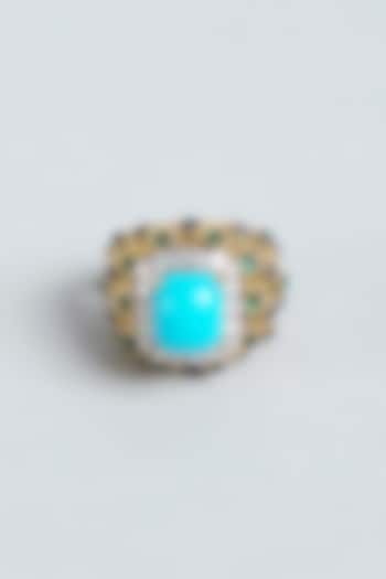 Gold Finish Turquoise Swarovski Zirconia Ring In Sterling Silver by Diosa Paris Jewellery at Pernia's Pop Up Shop