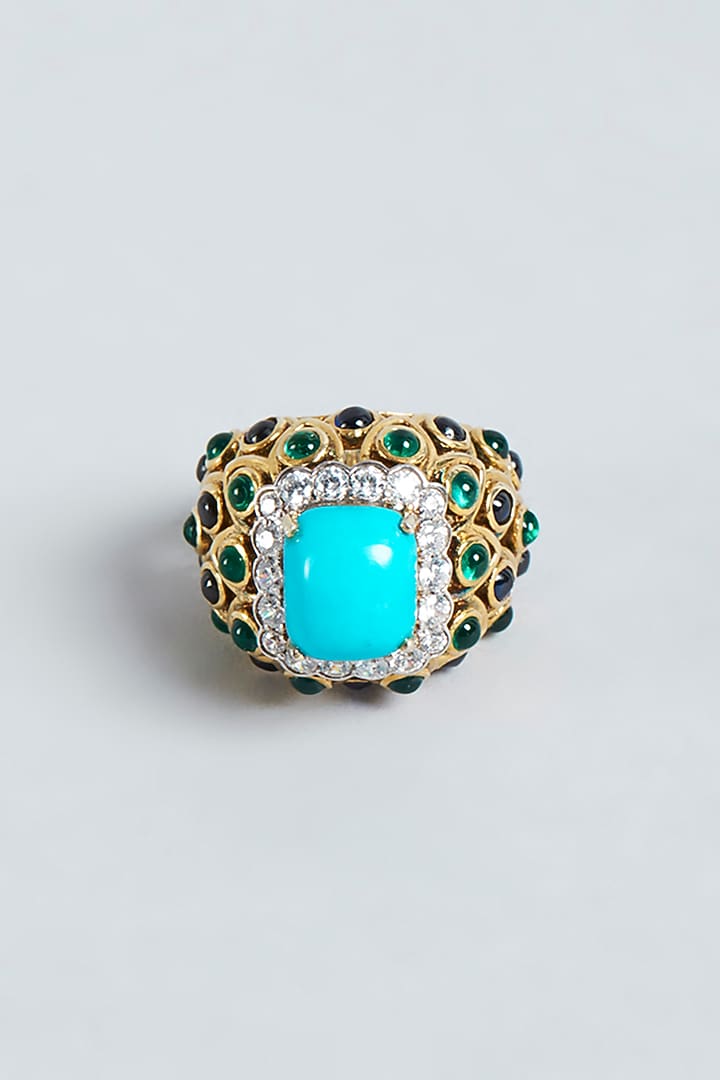 Gold Finish Turquoise Swarovski Zirconia Ring In Sterling Silver by Diosa Paris Jewellery at Pernia's Pop Up Shop