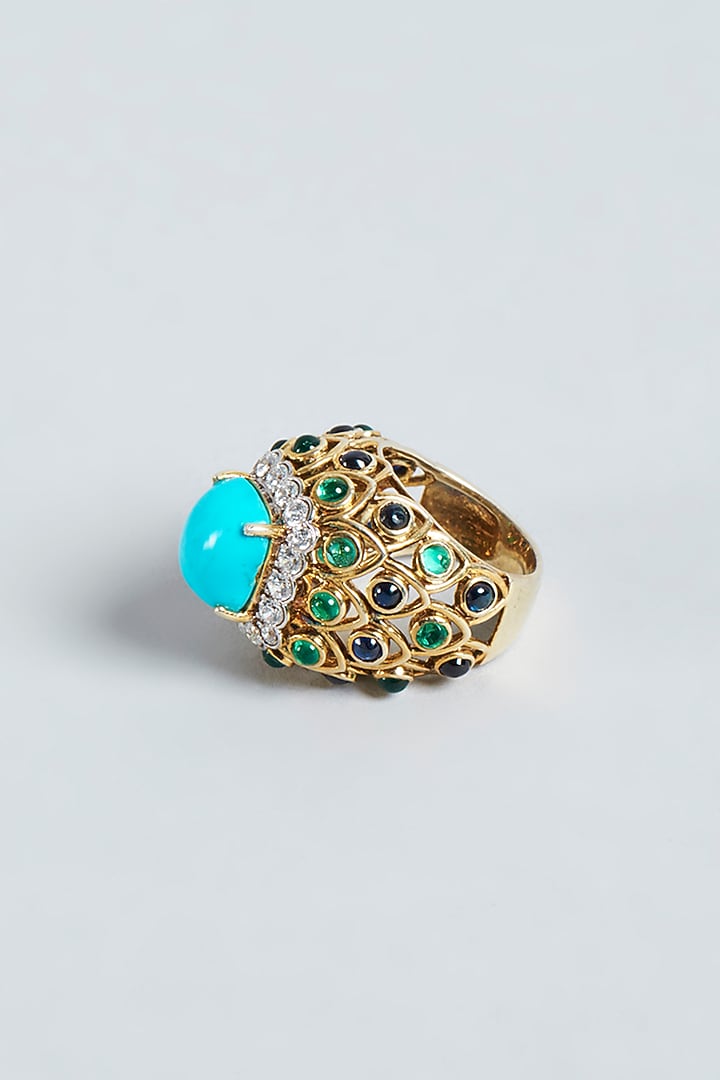 Gold Finish Turquoise Swarovski Zirconia Ring In Sterling Silver by Diosa Paris Jewellery at Pernia's Pop Up Shop