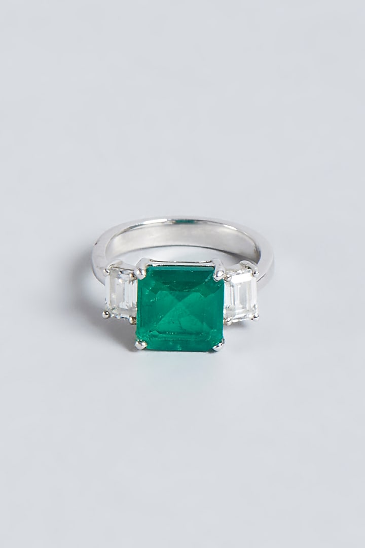 White Finish Green Swarovski Zirconia Ring In Sterling Silver by Diosa Paris Jewellery at Pernia's Pop Up Shop